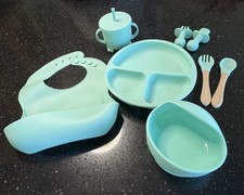 8-Piece Silicone Baby Feeding Set Mint Green Suction Plate Bowl Bib Cup Spoon