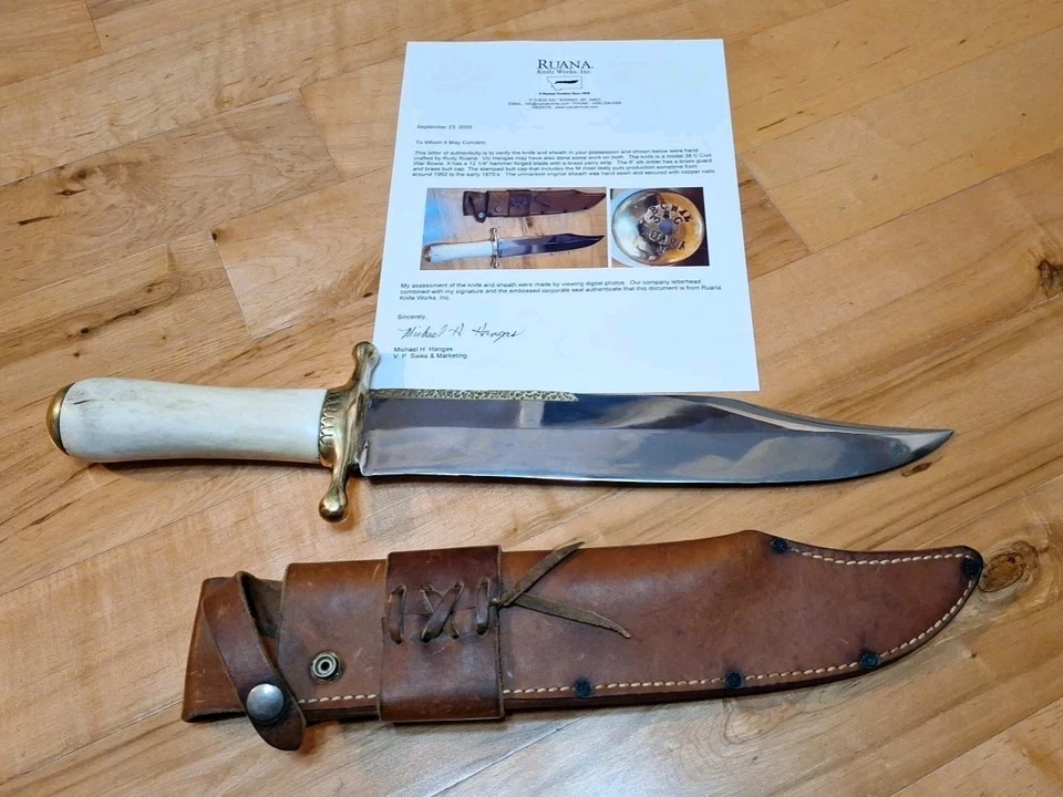 60s RUDY RUANA HANDMADE 38C CIVIL WAR BOWIE KNIFE M STAMP ELK HANDLE, RARE W COA Foto 4 de 4