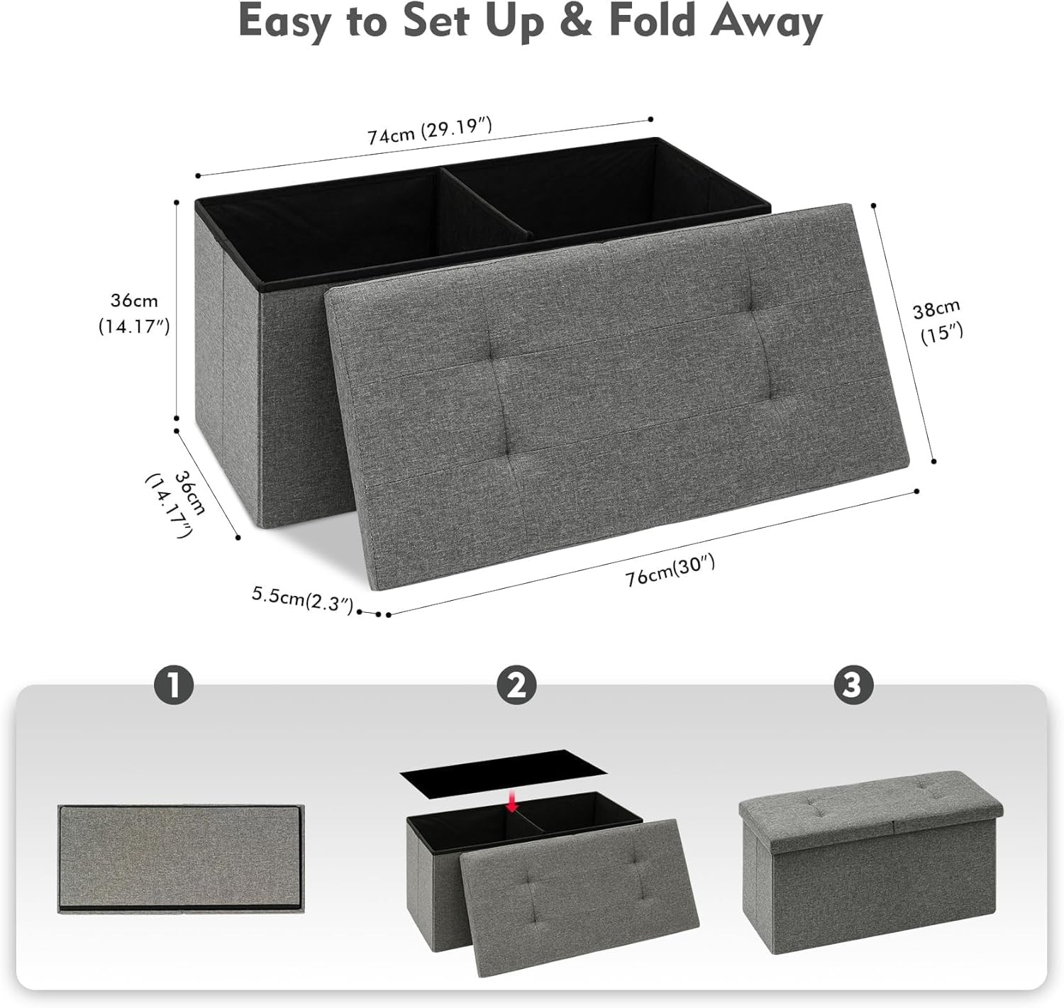 Storage Ottoman with Flipping Lids, Ottoman Bench Footrest Seat, Linen 30"X15"X1