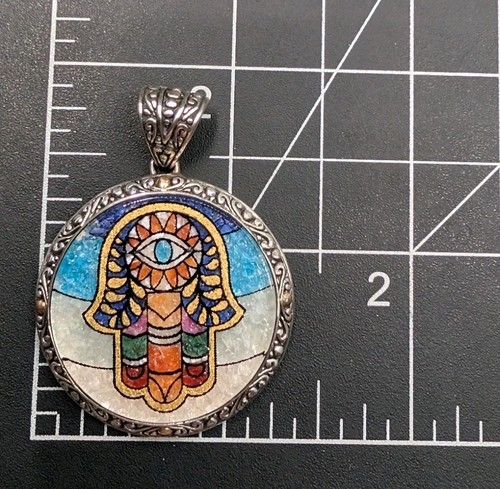 Samuel B Sterling Silver 18k Gold Bali Micro Mosaic Hamsa Evil Eye Round Pendant - Afbeelding 3 van 12