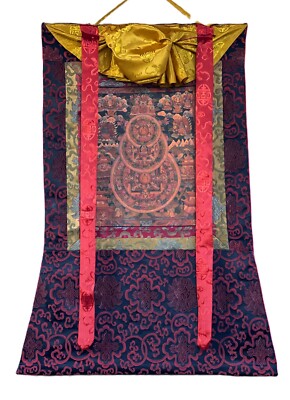 BUDHHA LIFE MANDALA OLD OIL VARNISHED TIBETAN THANGKA PAINTING WITH SILK BORDER