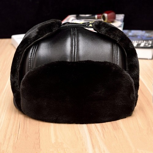 Mens Faux Leather Fur Aviator Ski Trapper Hat Cap Ushanka