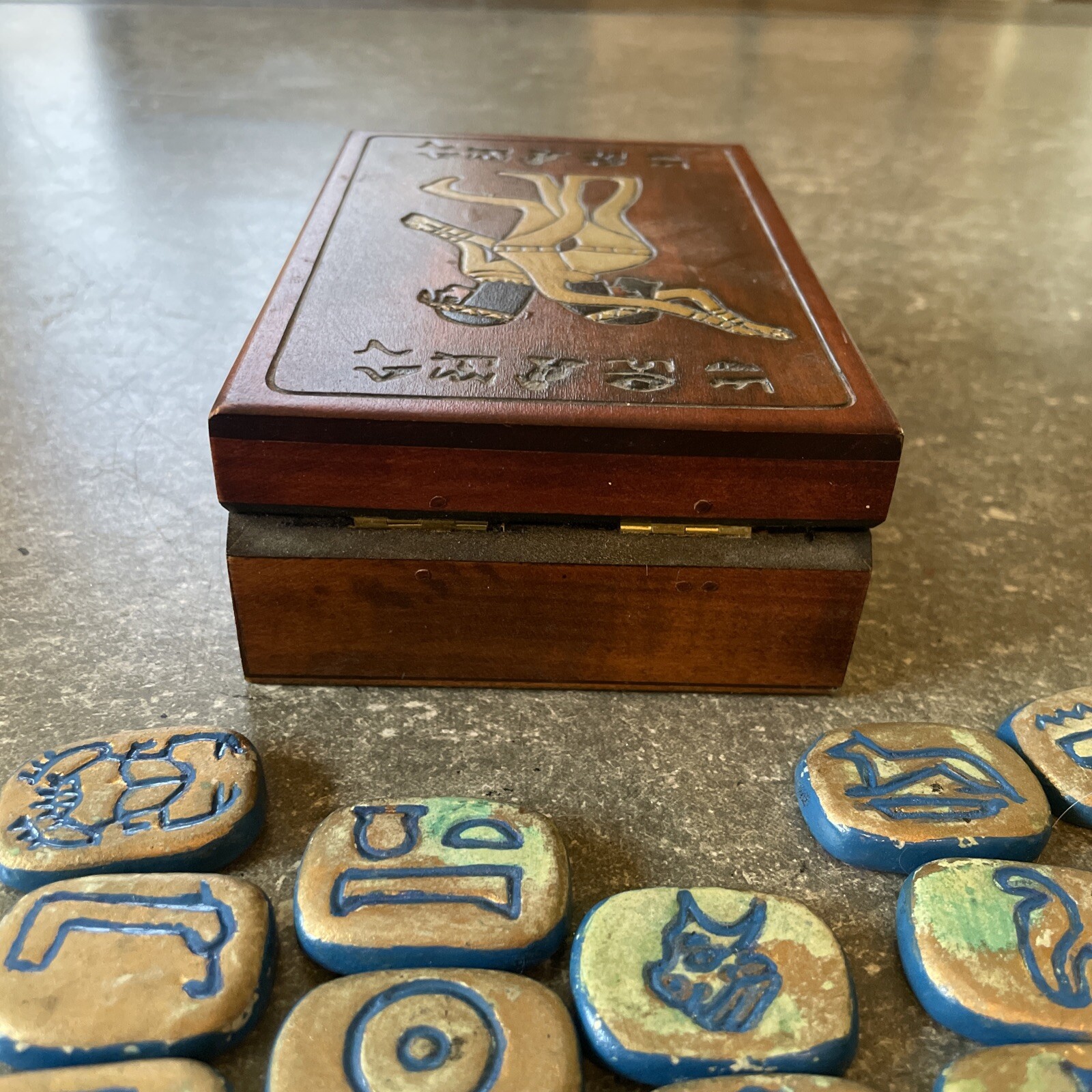 Egyptian Wood Carved Box And 25 Rune Stones Falak Tayyeb Platinum