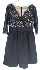 Eliza J Dress Black Cocktail Sz 10 Fit & Flare Eyelash Lace V-Neck Half Sleeve