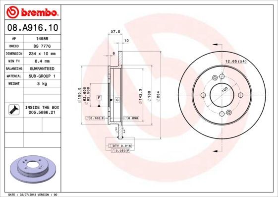 2X Brembo 08.A916.10 Bremsscheibe FüR Hyundai KIA-image