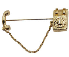 Avon Rotary Dial Phone Telephone w Chain Gold Tone Vintage 1981 Lapel Stick Pin