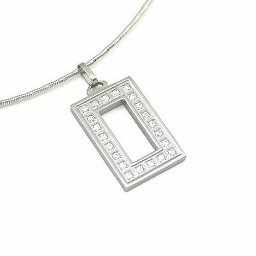NL054 Bausch K Stainless Steel CZ Rectangular Pendant Chain Necklace New - Picture 1 of 4
