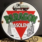 VINTAGE PARAGON GASOLENE 11.75” PORCELAIN ENAMEL GAS PUMP STATION SIGN GASOLINE