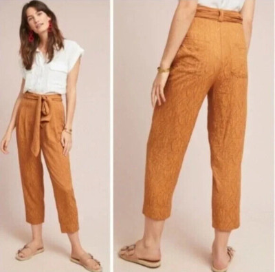 Anthropologie Ett TWA 0 Aubade Jacquard Pants Boho Tie Waist Zip Crop Gold