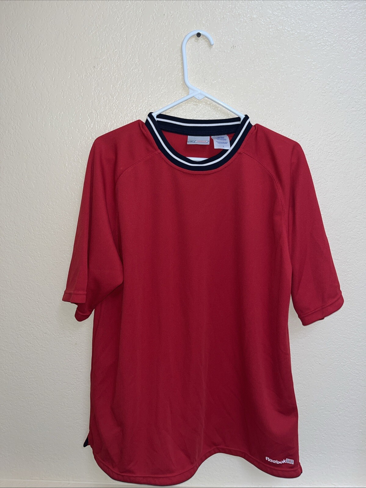 Vintage 90s Reebok Mens Red Navy White Logo Crew Neck Jersey Shirt L