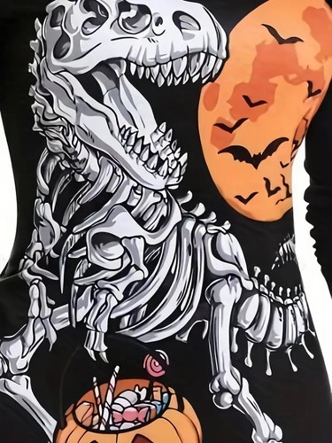 Womens Cold Shoulder Skeleton Pumpkin Halloween Dinosaur Long Sleeve T-Shirt Top - Picture 2 of 6