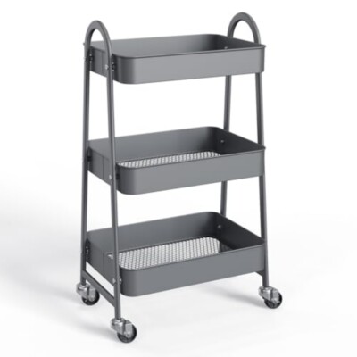 3 Tier Rolling Utility Cart Metal Storage Organizer Kitchen Bathroom Shelves