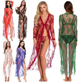 Womens Sexy Long Lace Kimono Robe Lingerie Eyelash Babydoll Sheer Cover up Dress