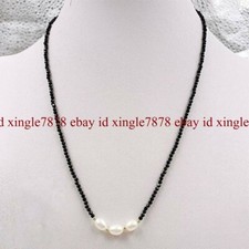 3mm Faceted Round Black Spinel Gems 7-8mm White Cultured Pearl Necklace 18''