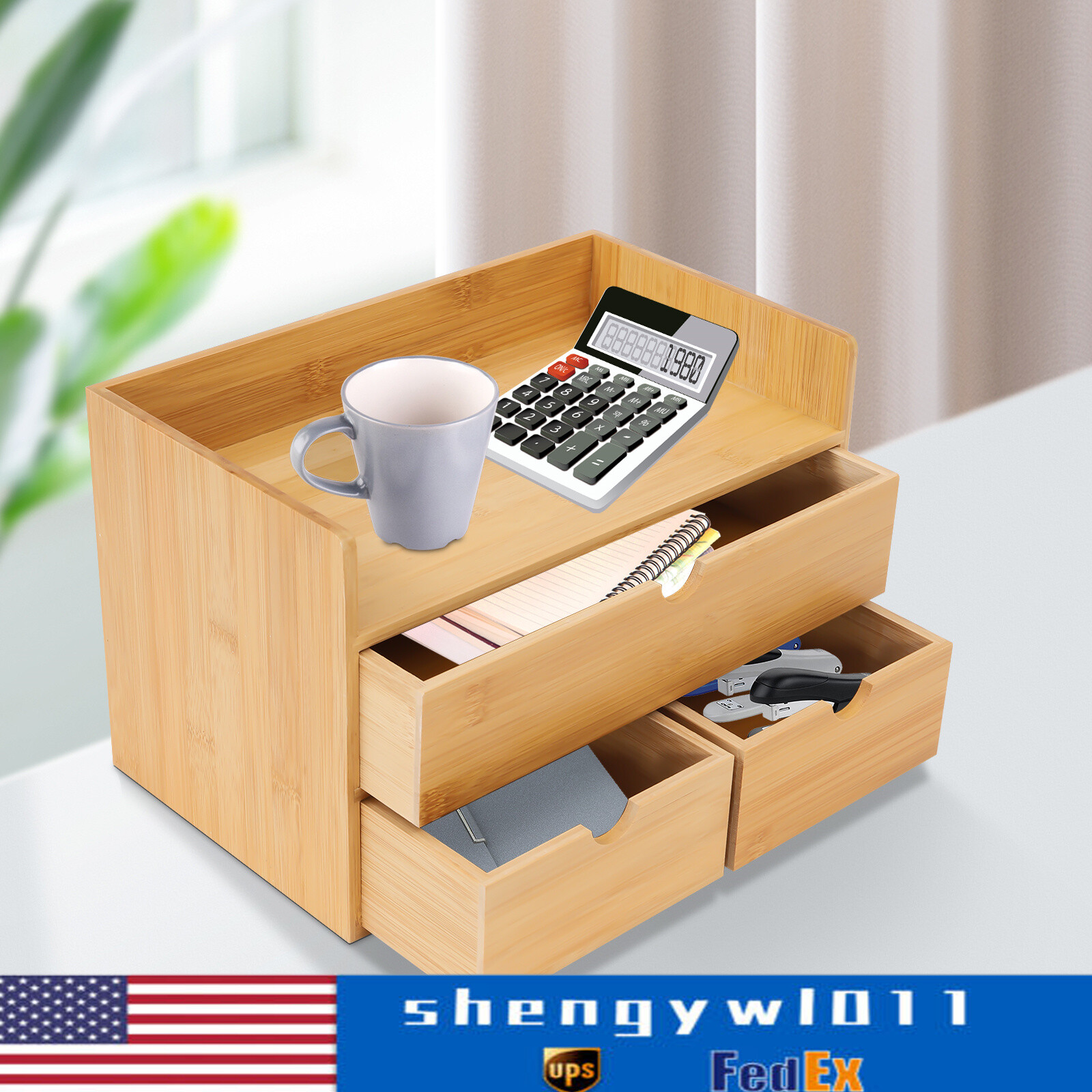 Bamboo Desk Organizer with 3 Drawers Tabletop Cosmetic Storage Simple Design NEW