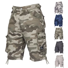 Mens CROSSHATCH Camo Plain Holiday Shorts Army Combat Cargo Gym Adjustable Waist