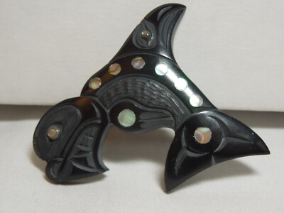Haida Argillite Pin of a Killer Whale, Raven Fin and Eagle Head By  Myles Edgars