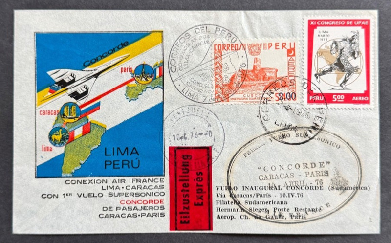 AtoZ. Very Scarce Peru Concorde Airplane 1st Flight Venezuela to France 1976