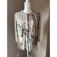 Alex Evenings Womens 2X Abstract Button Front Blouse Jacket Tan Teal