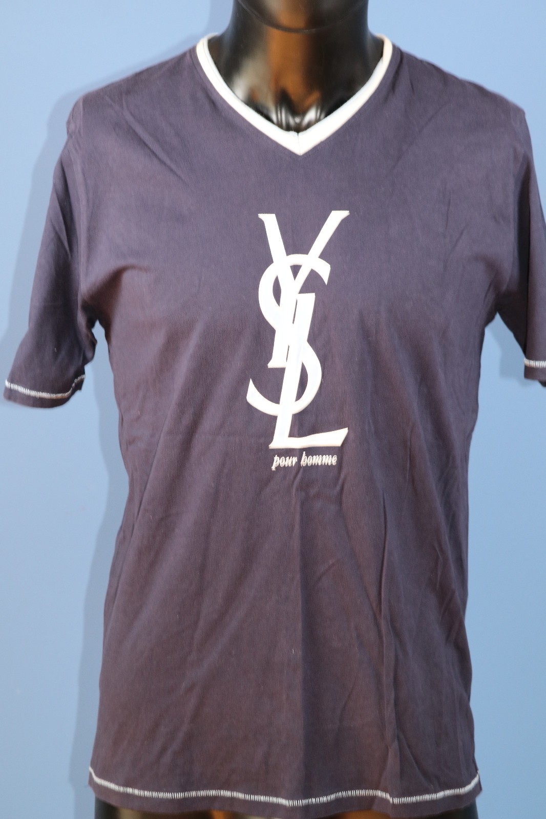 T shirt vintage Yves Saint Laurent YSL logo grafico rara scollo a V anni 80 taglia M 40"
