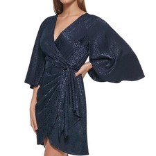 DKNY sz 4 12 Floral Jacquard Satin Cape-Sleeve Faux Wrap Belted Dress Navy