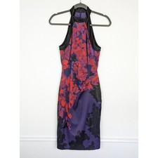 Karen Millen Dress Halter Floral Satin Cocktail Purple Red Black Designer Size 6