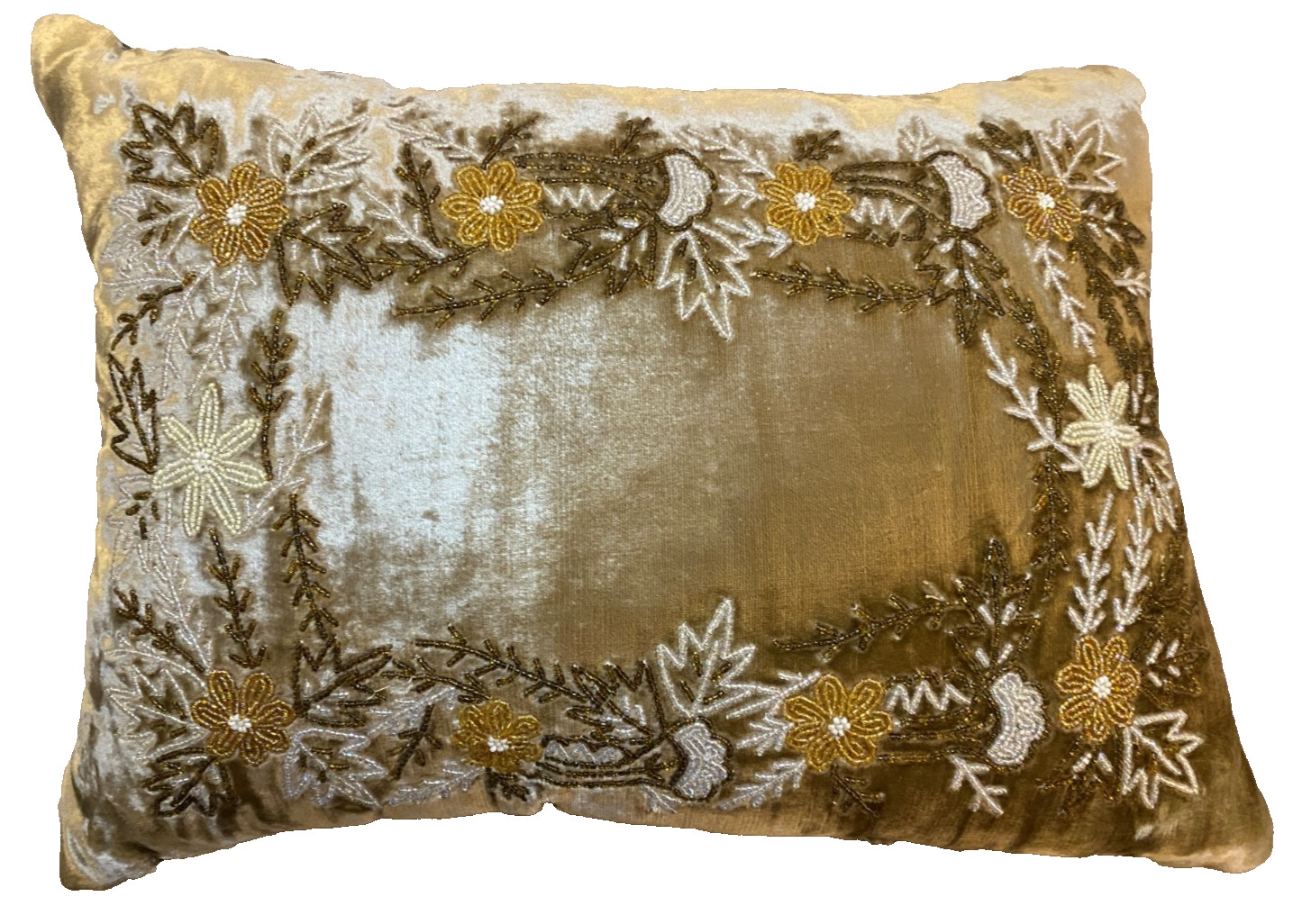 Vintage Gold Velvet Beaded Embroidered Floral Throw Pillow 14x18 Lumbar