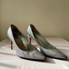 Rare Christian Louboutin Kate Glitter Silver Leather Pumps Size 37 US 7