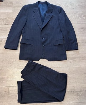 Jos A Bank Gordon Wool Suit Men s Size 43R Blue Pinstripe Pleated Cuffed 32 x 29