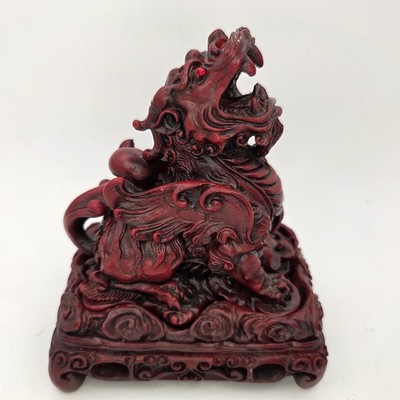 Red Resin Chinese Foo Dog Guardian Dragon Incense Sculpture Feng Shui Two Pieces