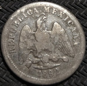 1892 Mexico 10 Centavos Silver Coin