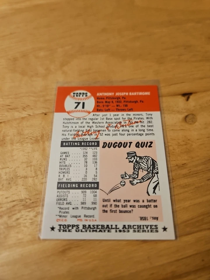 1991 Topps Archives The Ultimate 1953 Set - Tony Bartirome #71 - Image 2 of 2