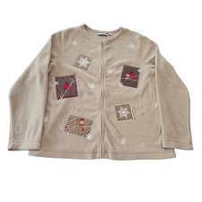 Croft  Barrow Tan Fleece Zip Up Cardinal Snowflake Winter Cardigan Large