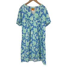 Ruby Rd Shift Dress Women L Blue Floral Pintuck Knit Casual Resort Coastal Beach