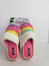 Kensie Make Pretty Powerful Rainbow Striped Memory Foam Slippers w/Faux Fur Cuff