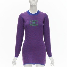 CHANEL 100% cashmere blue red chevron green CC logo crystal brooch dress FR34 XS