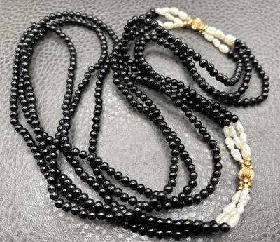 14K Yellow Gold Multi Strand Black Onyx Freshwater Rice Pearl Necklace Statement