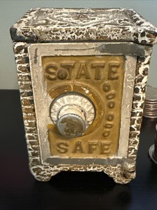 1900s? Vintage Cast Iron "State Safe" Coin Bank Not Locking. White. Nice Patina