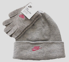 Nike Knit Beanie  Glove Set Heather Grey/Pink Youth OSFM