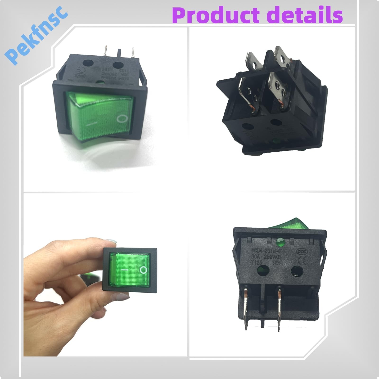 30A 250V KCD4 Lighted Rocker Switch DPST 4 Pin 2 Position Green Lighted ...