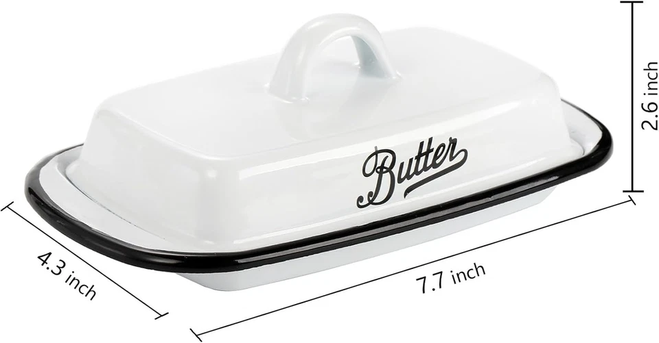 Enamel Butter Dish with Lid, Vintage Enamelware White Butter Tray Black Rim Butt - Image 2 of 4