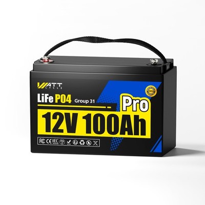 WattCycle 12V 100Ah Pro Group 31 LiFePO4 Battery Lithium 110A BMS RV Solar Panel