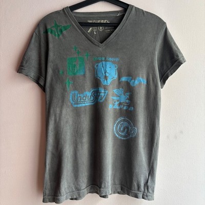 Vintage Diesel Industry Graphic V Neck T Shirt Grey Y2K Fade Size L
