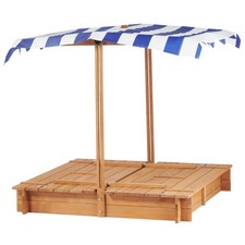 Wooden Kids Sandbox with Adjustable Canopy Foldable Bench Seats for Outdoor