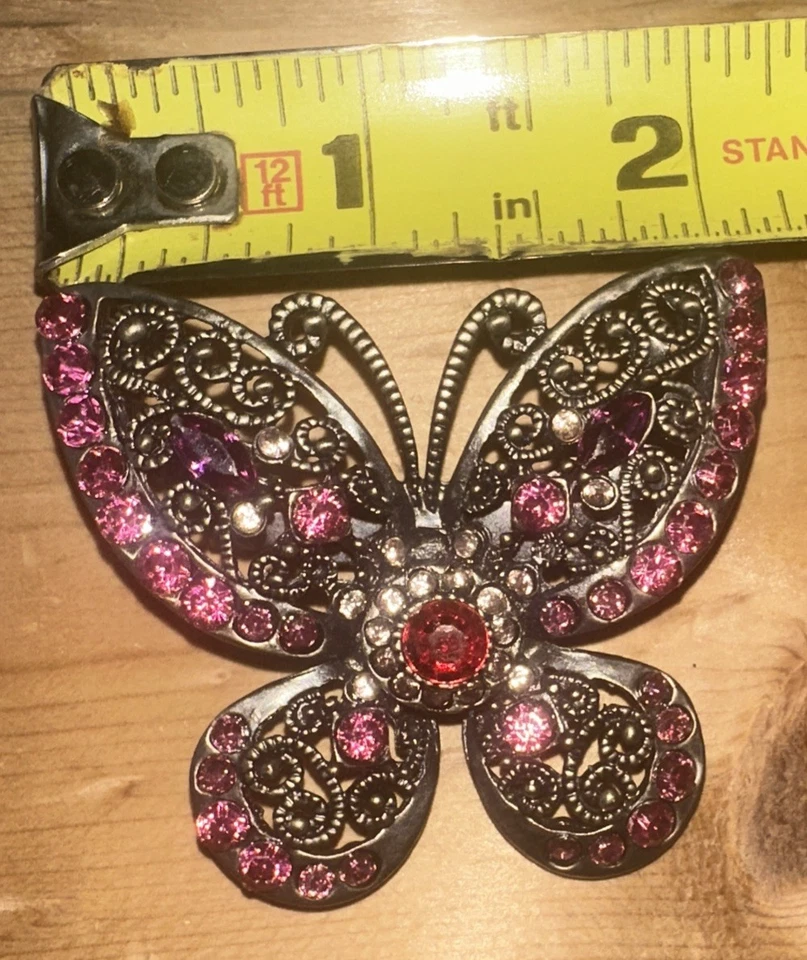 Брошь булавка винтажный металлический бабочка цветок галстук-бабочка фиолетовый розовый серебристый тон - Изображение 3 из 4