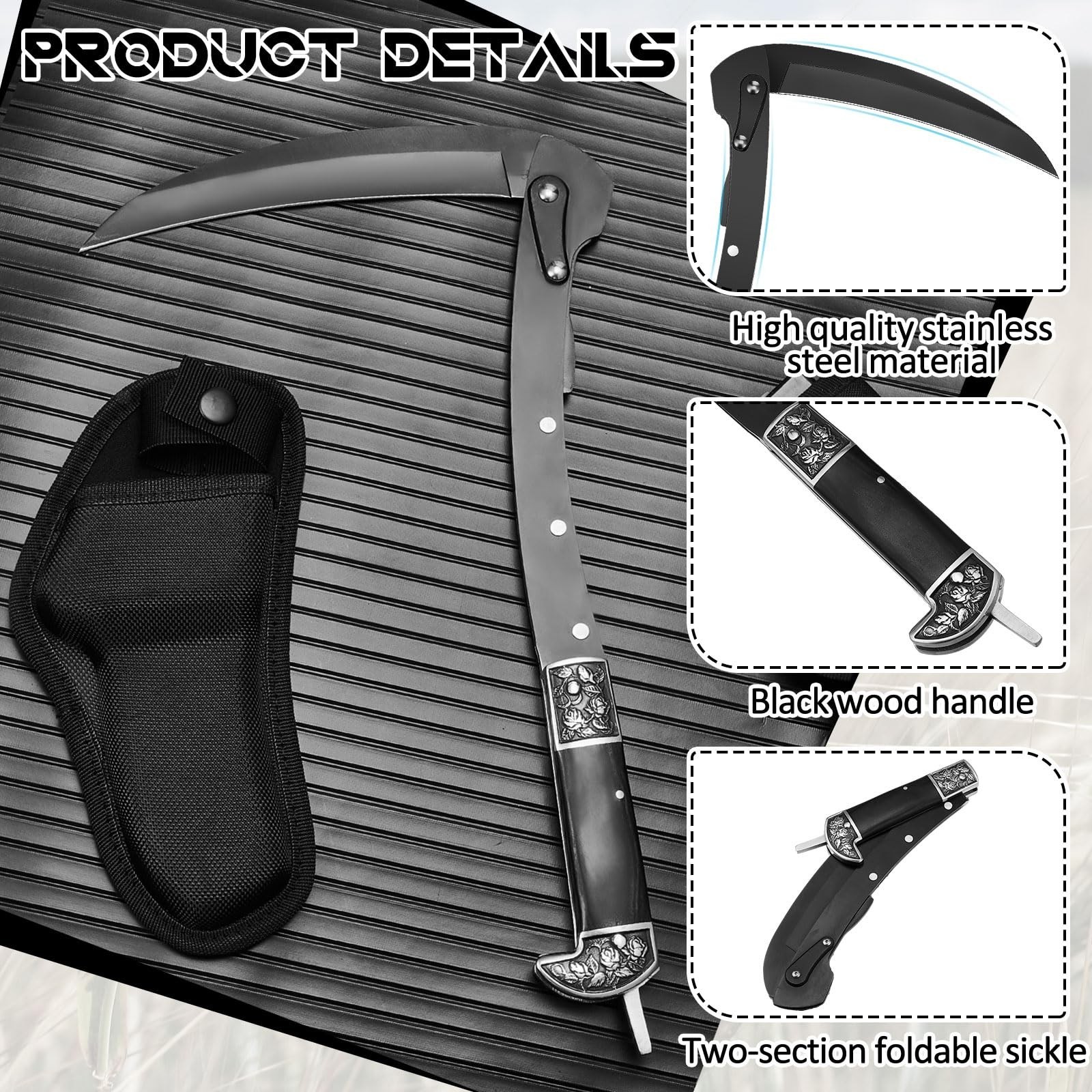 2 Pcs Black Sharp Folding Sickle 14.6 inch Grass Hand Sickle Knife Wooden Han...