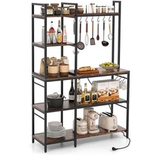 Bakers Rack 5-Tier Coffee Bar Table w/ 10 S-Shaped Hooks & Power Outlets