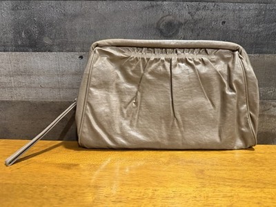 Saine Ruched Beige Clutch Wrist Strap Zip Closure Inner Pockets Women