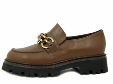 Women's Brown Leather Low Heel Chain Loafers Made in Italy