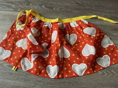 Vintage child's girls apron cooking baking red white hearts yellow dotchild 1970